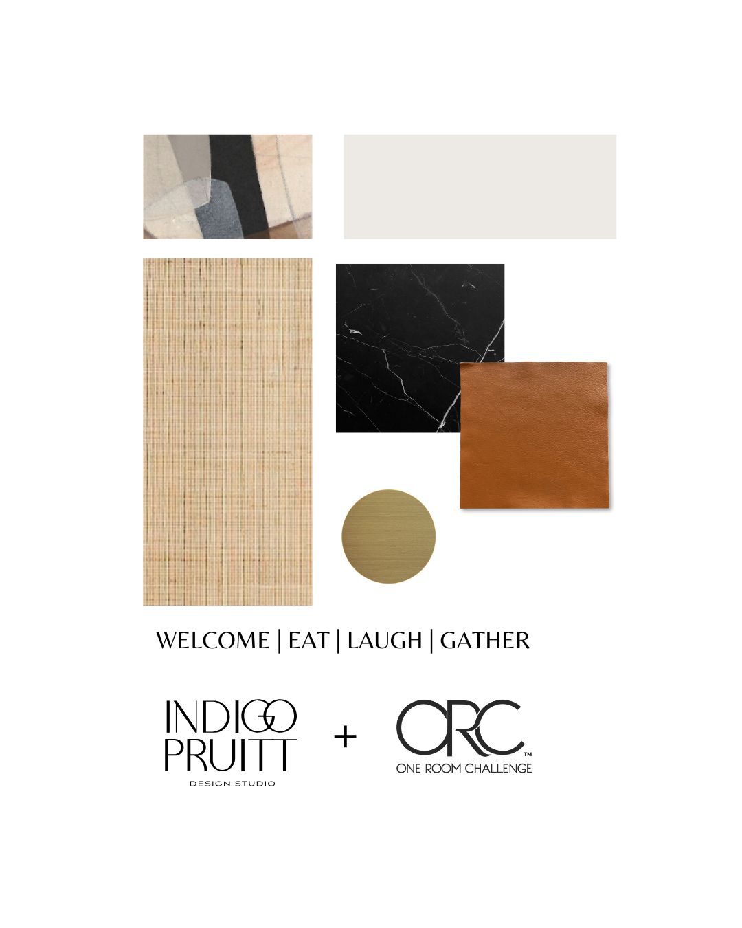 A mood board featuring design materials for a room transformation. The board includes a neutral abstract pattern for wall art or wallpaper, a woven textured fabric resembling grasscloth, a black marble surface, a brass metallic accent, and a warm brown leather swatch. The text "Entry, Music, Dining, Bar" appears to the right, indicating the spaces involved. At the bottom, the logos of Indigo Pruitt Design Studio and the One Room Challenge are displayed.